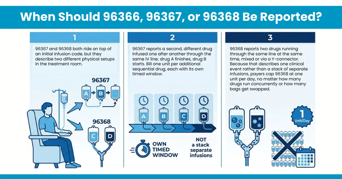 When Should 96366, 96367, or 96368 Be Reported